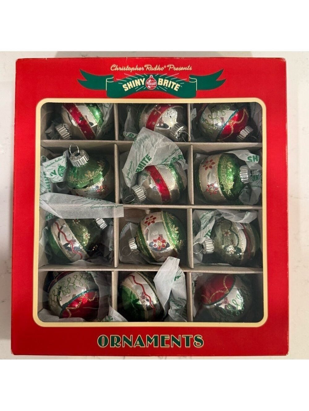 Christopher Radko Shiny Brite Glass Christmas Ornaments Red And Green Flowers 12